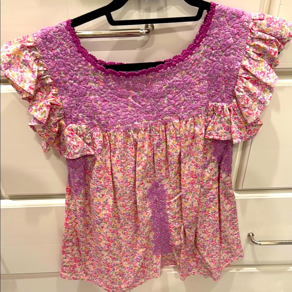 Mi Golondrina Pink and Purple Smocked Cap Sleeve Blouse